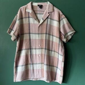 Boohoo Man Pink Beige Gray Plaid‎ Short Sleeve Button Up Shirt Mens Medium